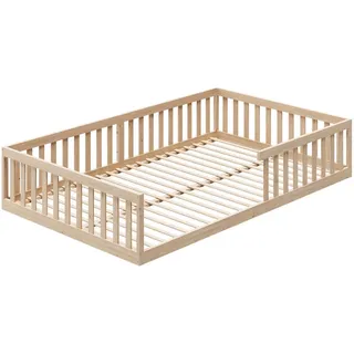 Kids Collective Kinderbett Eiche, Holz, Echtholz, 140x200 cm mit Rausfallschutz & Lattenrost Montessori Bett Kinder Jugendbett Einzelbett optional mit Matratze natur 140x200 cm