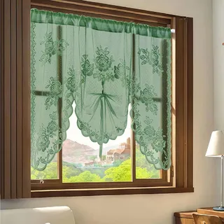 Kurzgardine Voile (100x200cm) – Blumen & Blätter, Transparent Spitze, M-Bogen, Stangendurchzug, Polyester, Grün – Für Tür/Küche/Café