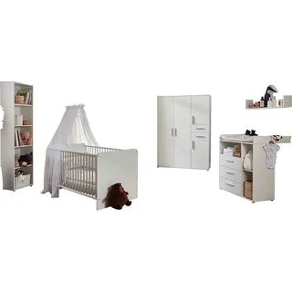 BMG Möbel Babyzimmer-Komplettset »Lea«, (Set, 5 tlg., Bett, Wickelkommode, Schrank, Standregal, Wandboard), Bett + Wickelkommode + 4-trg. Schrank + Standregal + Wandboard, weiß