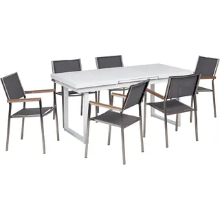 BELIANI Gartenmöbel-Set, weiß/grau Aluminium, Edelstahl, Ausziehbarer Esstisch, 6 Sitzer, Outdoor-Möbel, modern - Weiß, Grau, Silber