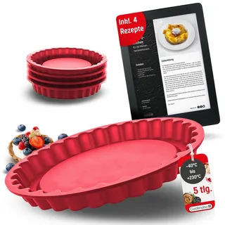 Coolinato 5er Set Silikon Tarteformen rund, Rot, 1x groß 4x klein, Silikonformen zum Backen von großen und kleinen Tarte Kuchen, inkl. 4 Rezepten