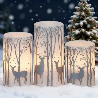 Eldnacele LED Kerzen Weihnachten mit Timerfunktion, Rentiermotiv, 3er Set | LED Echtwachskerzen, elektrische Kerzen, flackernde Flamme, batteriebetrieben, Silberfolien-Motiv, Birkenwald, Weihnachtsdeko