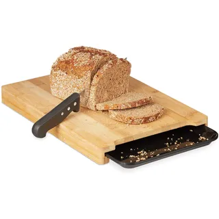 Relaxdays Schneidebrett mit Auffangschale, erhöhtes Bambus Brotbrett, Schublade aus Kunststoff, 3,5 x 38 x 26 cm, natur