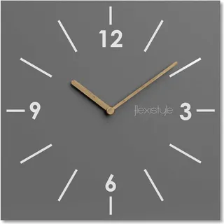 FLEXISTYLE Scandic quadratische Wanduhr 30 cm modern Holz Badezimmer Wohnzimmer ohne Ticken (Grau) - Grau