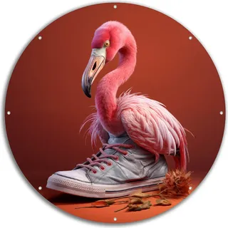 Wallario rundes Outdoor-Poster für Garten oder Balkon, Motiv Flamingo im Sneaker, 60 cm Durchmesser - Rosa