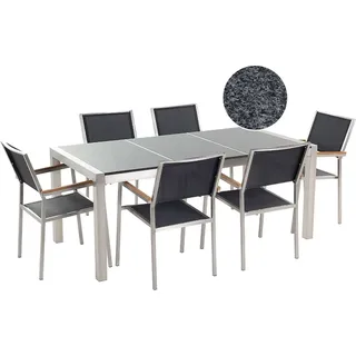 Beliani Gartenmöbel Set Grau Schwarz Granit Edelstahl Tisch 180 cm mit 3 Platten Poliert 6 Stühle Terrasse Outdoor Modern - Grau, Schwarz, Silber