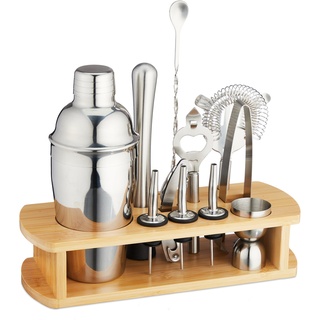 Relaxdays Cocktail Set, 12-TLG. Barset mit Ständer, Shaker, Barmaß, Barlöffel, Zange, Edelstahl & Bambus, Silber/Natur, 70%, 1x