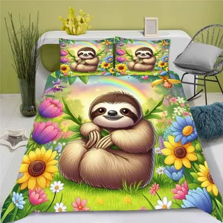 KIDSLOVE Faultier Bettwäsche 135x200cm Cartoon-Tier Faultier Bettbezug Microfaser Bedruckte Bettwäsche-Sets Bettbezug mit Reißverschluss, Microfibre for Children (140 x 210 cm,8)