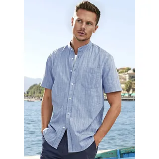 Kurzarmhemd H.I.S "sommerliches Strukturhemd", Herren, Gr. 4XL (49/50), N-Gr, blau, Web, Obermaterial: 100% Baumwolle, unifarben, regular fit, Rundhals, abgesteppte Kante, Hemden Kurzarmhemd, Regular Fit, Stehkragenhemd mit Brusttasche, reine Baumwolle, Topseller