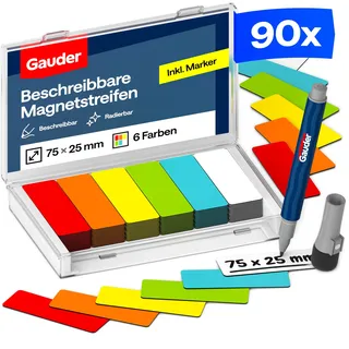 GAUDER Magnetetiketten beschreibbar - Wiederverwendbare Magnetschilder zum Beschriften für Whiteboard, Tafel, Kanban-Board und Kühlschrank - Magnetkarten mit Marker (90 Stück - 75 x 25 mm)