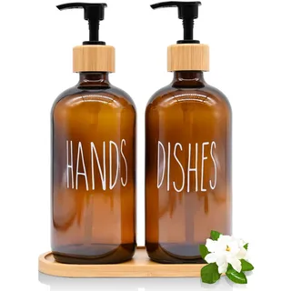Glas Seifenspender Set, 500ml Badezimmer Handseifenspender Braunglas Set mit Holz Tablett für Küche Spülmittel, Nachfüllbare Pumpspender für Küche Bad Arbeitsplatte