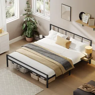 VASAGLE Doppelbettgestell, Bett, 160 x 200 cm, Metallbett, Bettrahmen, mit Kopfteil, modern, mit Aufbewahrungsregalen, Gästebett, für Teenager, Mattschwarz RMB195B01
