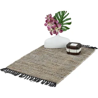 Relaxdays Flickenteppich, 60 x 110 cm, Baumwolle & Leder, Teppichläufer mit Fransen, rutschfest, Fleckerlteppich, grau, 10039882_111