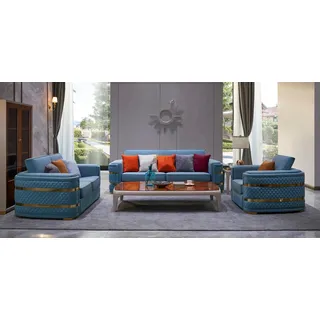 Klassische Sofa Polster 3+2+1 Sitzer Couchen Leder Sitz Garnitur Wohnzimmer Neu - Blau