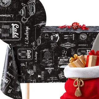 Schwarz Tischdecke mit Weiß Kreidetafel Muster, Rechteckig 200 x 140 cm | bis zu 6 Sitzplätze, Strapazierfähig, Abwischbar, Wasserdichtes Wachstuchtischdecke, Retro PVC-Tischdecke | Modern Bistro