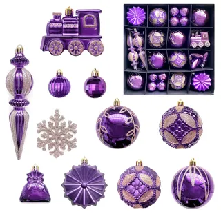 MORAINJAY 60er Set Weihnachtskugeln Lila, Kunststoff Weihnachtsbaumkugeln, Ø 4 cm und 8 cm, Hängende Kugeln, Christbaumkugeln, Christbaum Anhänger, Festliche Deko für Zuhause