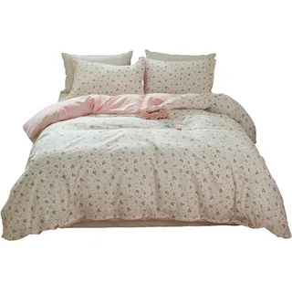 LifeTB Bettwäsche-Set aus Baumwolle, Blumenmuster, Queen-Size-Mädchen, rosa Blumen-Bettwäsche-Set, Garten-Stil, Baumwolle, Blumenmuster, rosa/weiß, Blumenzweig-Muster, Bettbezug mit Reißverschluss