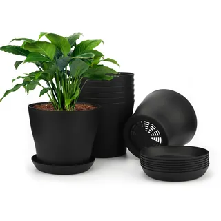KINGLAKE 8 Stück 10cm Blumentöpfe Pflanztöpfe Klein, übertopf Pflanztopf Anzucht Plastik mit Untersetzer, Blumentopf kunststoff Set, Topf Kleine Flower Pot für Pflanzen Kakteen Sukkulenten-Schwarz