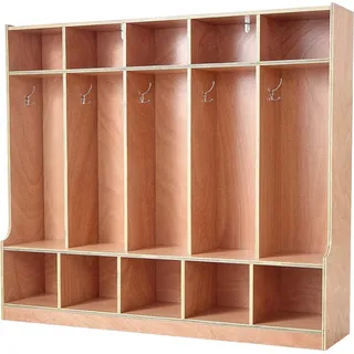 SucceBuy Offener Kinderkleiderschrank aus Holz mit 10 Haken und 15 Fächern (5 große und 10 kleine), Garderoben- und Aufbewahrungsregal für Kinderzimmer, Zuhause, Kindergarten oder Kita