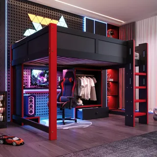 Gaming-Hochbett 140x200 cm mit LED & Schreibtisch – Kinderbett in Schwarz-Rot, Kiefernholz, Kleiderschrank, Schubladen, Leiter, 205x158x160 cm, für Jugendzimmer - Schwarz