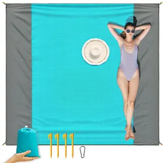 ISOPHO Picknickdecke, Stranddecke Wasserdicht, 243x274cm Strandmatte 4 Befestigung Ecken Stranddecke Sandfrei/Picknick für den Strand, Campen, Wandern und Ausflüge(Blau)