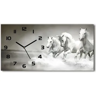 Wanduhr aus Glas – 60x30 cm - Glasbild - Glasuhr - Gehärtetes Glas - schwarze-zeiger - Weiße Pferde