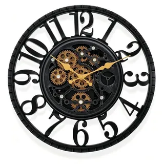 IvoQ Industrielle Wanduhr mit drehenden Zahnrädern - Schwarz & Gold - Robuste Wanduhr - 40 cm