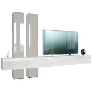 Vladon Wohnwand Moja, (Anbauwand, mit Rückwand mit 4 Türen und 2 Klappen), Weiß matt/Weiß Hochglanz und Sandgrau Hochglanz (330 x 204 x 39 cm) grau