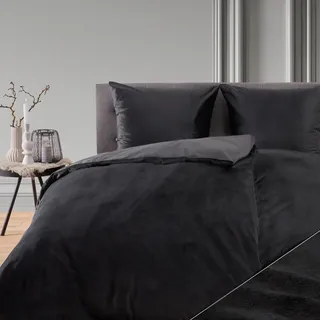 Blumtal Bettwäsche 140x200 & 2x 80x80cm Cashmere-Touch Plüsch in Schwarz - Schwarz