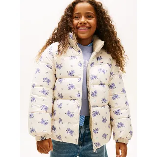 Wendejacke TOMMY HILFIGER "FLOWER AOP REVERSIBLE PUFFER", Mädchen, Gr. 5 (110), beige (ancient weiß, floral aop), Web, Obermaterial: 100% Polyester, geblümt, gemustert, mehrfarbig, regular fit normal, Rundhals, eingesetzt gerader Abschluss, Jacken Wendejacke, Regular fit, Kinder bis 16 Jahre