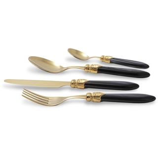 Rivadossi Sandro 43OR16S11 Besteck-Set für 4 Personen, 16-teilig - Laura - 100% Made in Italy, Handwerkskunst und Design, Edelstahl 18/10, Gold Schwarz