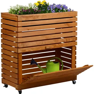 dobar® Großes Hochbeet Rolla aus Massivholz Gr. L mit Rollen - Erhöhtes Beet mit Staufach - 72 x 32,5 x 78 cm - Braun