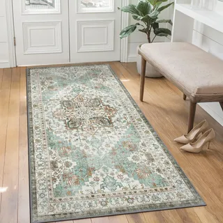 BEIMO Vintage Teppich Schlafzimmer 80X150CM rutschfest Kurzflor Mintgrün Teppich Wohnzimmer Waschbar Flur Läufer