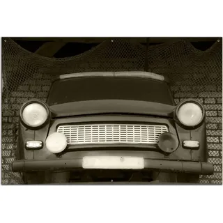 Wallario Outdoor-Poster für Garten oder Balkon, Motiv Alter Trabbi in schwarz-weiß - Frontansicht Scheinwerfer, in ca. 61 x 91,50 cm - Gelb