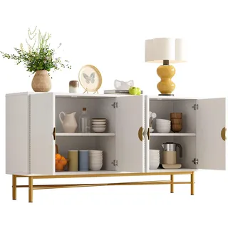 Stilvora Sideboard in Weiß mit Erhabener Textur und Metallbeinen für Wohnzimmer und Flur, B160/T40/H82 cm , Rechteckig,Rechteckig , Rundrohr , 160x82x40 cm , Kleinmöbel, Kommoden, Sideboards
