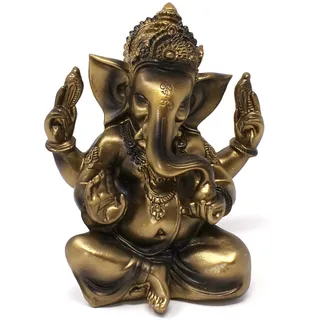 TEMPELWELT® Deko Figur Ganesha vierarmig 11 cm, Polystein antik Gold, Elefantengott Statue sitzend, Hindu Gott Ganesh Elefant, Buddha Indien Asien