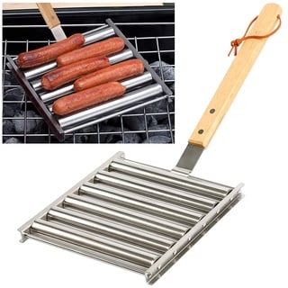 KAYCROWN Hot Dog Roller Edelstahl Wurstroller Rack mit extra langem Holzgriff, BBQ Hot Dog Griller für gleichmäßig gekochte Hot Dogs, 5 Hot Dog Kapazität