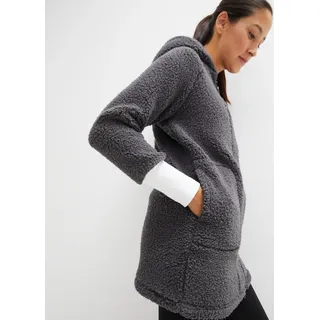Fleecejacke BONPRIX, Damen, Gr. 40/42 (M), grau (schiefergrau), Fleece, Obermaterial: 100% Polyester, unifarben mit Farbeinsatz, oversize Po-bedeckend, Raglanärmel Rippbündchen kontrastfarben, Jacken Fleecejacke, Oversize-Passform, aus Teddyfleece, mit 2-Wege-Reißverschluss