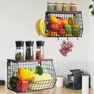 Obstkorb Hängend 2 Etagere Küchenorganisator, Hängekorb für Obst und Gemüse Aufbewahrung Wand Stapelbar Obstschale mit Holzdeckel für Küchentheke, 2 Stück Metall Obstkorb und SnackKörbe, Schwarz