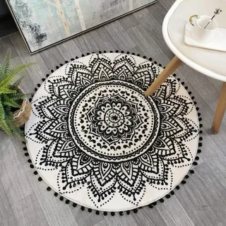 Uphome Boho runder Teppich für Schlafzimmer, 90 cm, Kreis, Beige und Schwarz, Badezimmerteppich mit Pompons, Fransen, waschbar, Mandala-Akzent, Überwurf, Teppiche, rutschfest, weiche Bodenmatte für