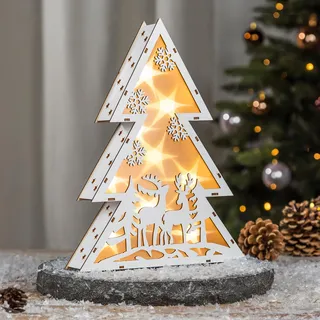 LED Tannenbaum aus Holz 30 cm - Rentiere - Deko Aufsteller warm weiß beleuchtet - Weihnachten Advent Winter Stern Tisch Deko Beleuchtung Batterie betrieben