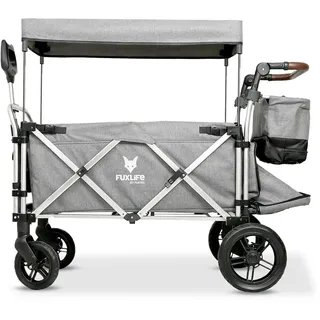 FUXLIFE Bollerwagen FX-CTL950 • Grau • Faltbar • 75kg Last • Sonnendach | Gepolsterter Innenraum • Gefederte Räder • 5-Punkt-Gurt Sicherheit • Hecktasche • Teleskopstange • Leicht transportabel