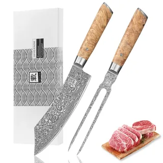 Zayiko Kinone Damast 2er Tranchier-Set I 18-20 cm Klingen Wurzelholzgriffe Birke