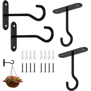 POPAPIE 4 Stück Blumenampel Halterung Haken,Wandhaken,Haken für Blumenampel,Wandhaken zum Aufhängen Mit Schrauben und Ankerbolzen für Hängend Pflanzenkörbe Windspiele Blumentöpfe (Schwarz)