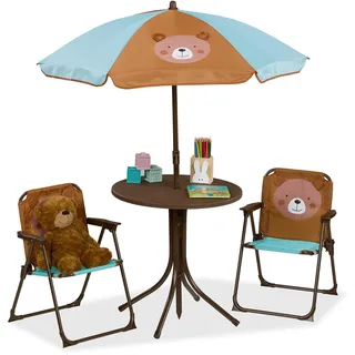 Relaxdays Camping Kindersitzgruppe, Bär Motiv, Kindersitzgarnitur mit Sonnenschirm, Klappstühlen , braun
