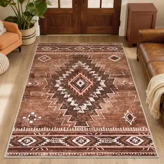 Alishomtll Teppich Läufer, Vintage Geometrisch Teppich Braun 80x150 cm | Rutschfest Kurzflor Küchenteppich, Weich Waschbar Flurläufer für Wohnzimmer Schlafzimmer Arbeitszimmer Küche Eingang