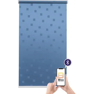 sunlines Elektrisches Rollo "Funky Square" blickdicht mit Bohren freihängend appgesteuert via Bluetooth, mit Akku und Motor, weißer Fallstab, blau, weiß