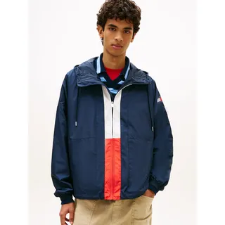 Windbreaker TOMMY JEANS "CHICAGO FLAG", Herren, Gr. XXL, schwarz night navy, Web, Obermaterial: 100% Polyester, unifarben, regular fit normal, Rundhals, eingesetzt elastischer Bund, Jacken Windbreaker, Regular fit mit Kapuze