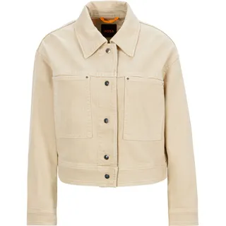 Kurzblazer BOSS ORANGE "Jelt-D Premium Damenmode", Damen, Gr. 46, beige (open beige 287), Web, Obermaterial: 60% Baumwolle, 38% Lyocell, 2% Elasthan, unifarben, Blazer Kurzblazer, im Biker-Style, cropped