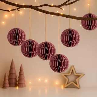 Ideen mit Herz Waben-Kugeln zum Aufhängen | mit Magnetverschluss | 6 Papierkugeln mit Goldrand | mit goldenem Band zur Aufhängung | Anhänger für Weihnachten | Weihnachtsdeko aus Papier (dunkelrot)
